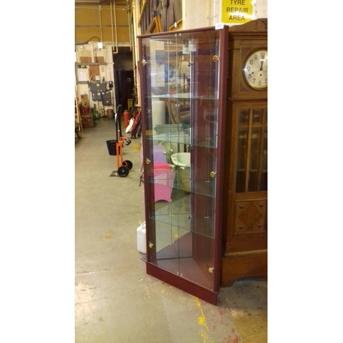 572 - Modern mahogany look 4 glass shelf corner display cabinet with light 65 wide x 177 cm tall