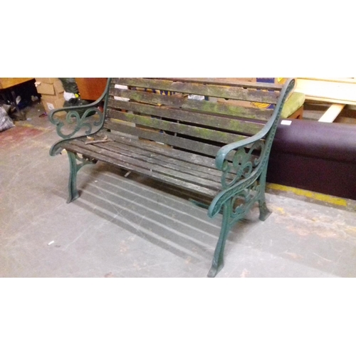 461 - Cast end weathered garden furniture set consisting of table, bench and pair of seats