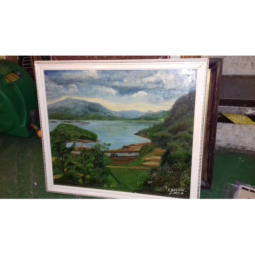 16 - White framed 58 x 50 cm lakescape oil on board signed L.Reekie