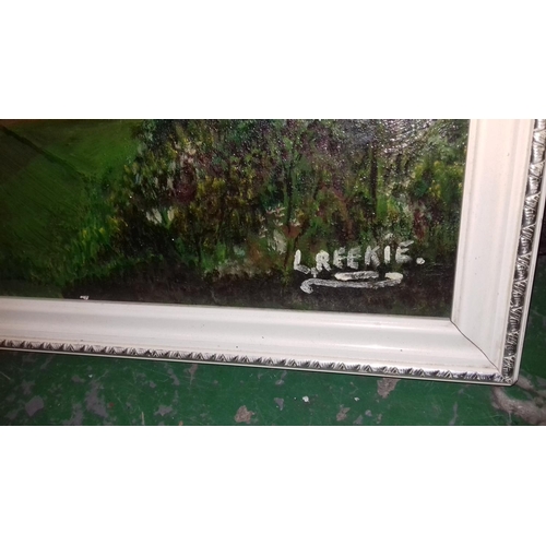 16 - White framed 58 x 50 cm lakescape oil on board signed L.Reekie