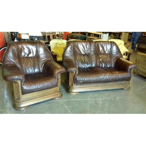 408 - Chocolate brown leather 2 seater and matching armchair, lift off complete cushioning