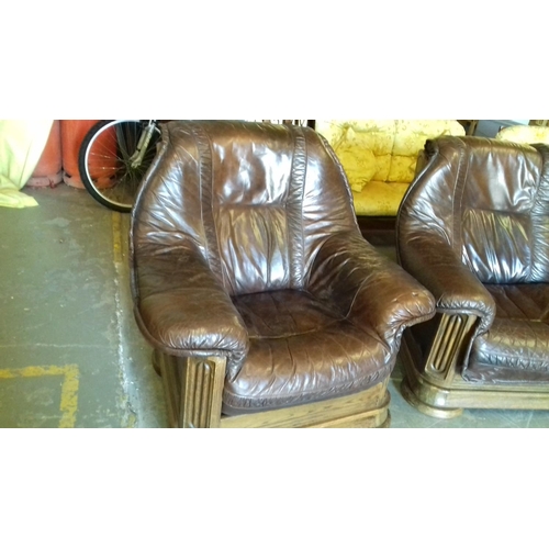 408 - Chocolate brown leather 2 seater and matching armchair, lift off complete cushioning