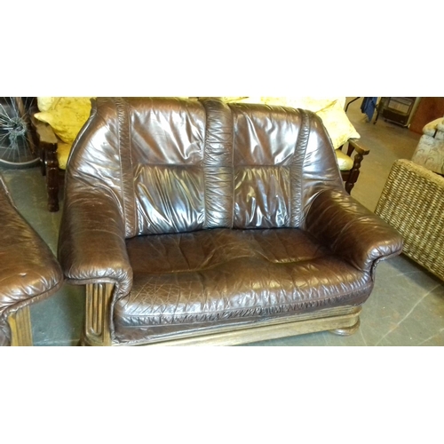 408 - Chocolate brown leather 2 seater and matching armchair, lift off complete cushioning