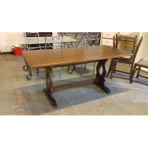 438 - Large oak dining table 168 x 76 cm with 4 x chairs with tapestry pop out seats