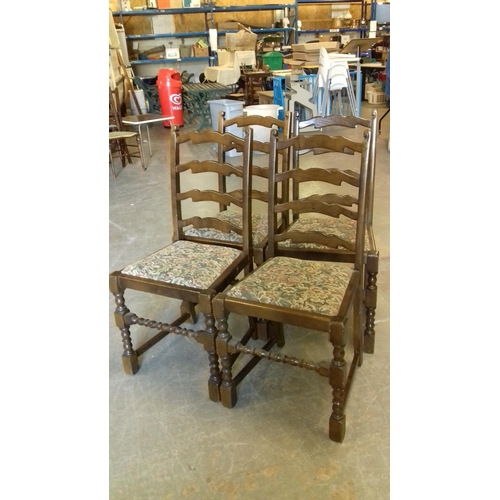 438 - Large oak dining table 168 x 76 cm with 4 x chairs with tapestry pop out seats