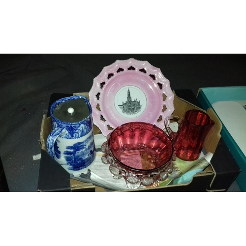 253 - Vintage cranberry glass bowl and jug, other cauldon jug & victorian hull town hall plate