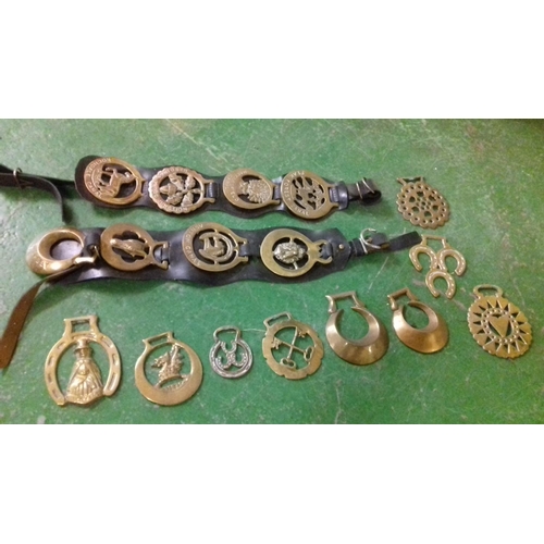 258 - 2 x horse brass belts with brasses & small quantity of assorted loose brasses