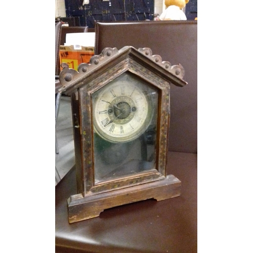 204 - Old black forest 31 cm tall mantle clock, non working and needing tlc but key and pendulum present