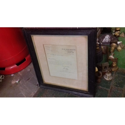 13 - Framed and mounted boy scout association letter of commendation signed and dated september 1913