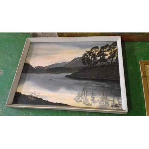 459 - 53 x 41 cm framed oil on board lake and mountain scene painting signed ROYCE & 3 x unframed oil pain... 