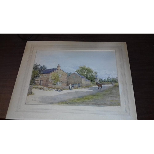 232 - Unframed but mounted late victorian watercolour painting of a country lane scene signed E.H.Wevill