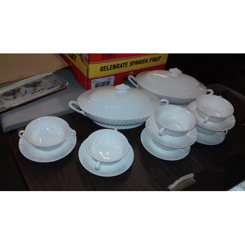 45 - Pair of white soup tureens with lids and 6 place setting soup cup and saucers