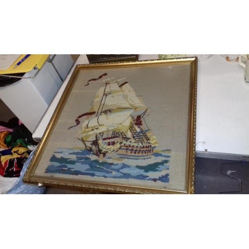 172 - 62 x 58 cm old framed needlework galleon at sea scene