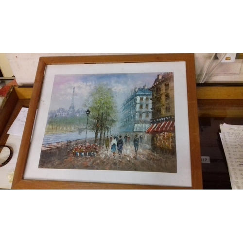 138 - 66 x 56 cm framed and glazed oil on board painting paris street scene signed Burnett