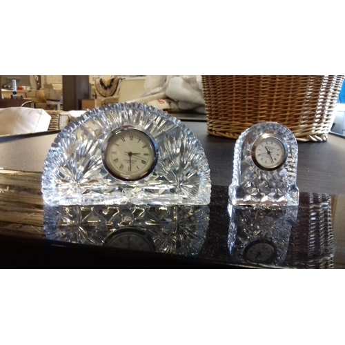 35 - 2 x miniature edinburgh crystal mantle clocks, 7 & 6 cm tall