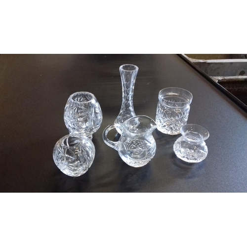 230 - Bundle of 5 x assorted crystal posy/single stem vases tallest being 16 cm tall plus crystal cream ju... 