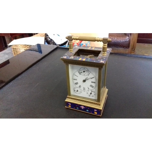 38 - Brass and hand painted enamel calendar mantle clock 18 cm tall