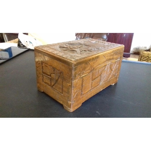 222 - Ornately carved Chinese wooden jewellery box 30 x 18 x 17 cm