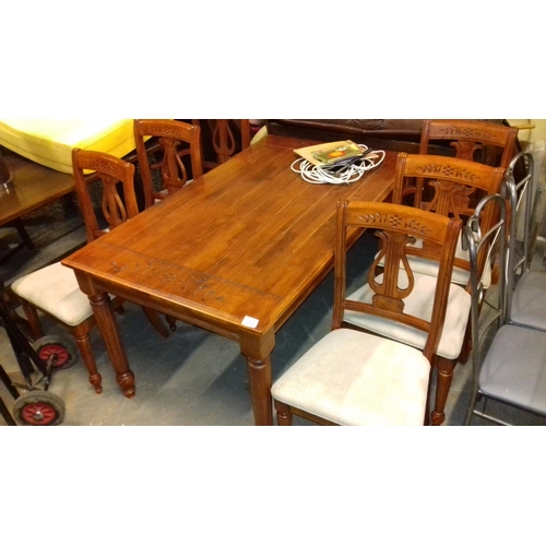 442 - 150 x 90 cm carved farmhouse dining table with 6 chairs including 2 x carvers