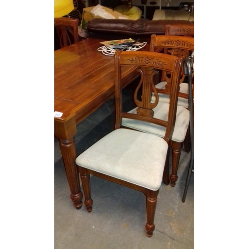 442 - 150 x 90 cm carved farmhouse dining table with 6 chairs including 2 x carvers