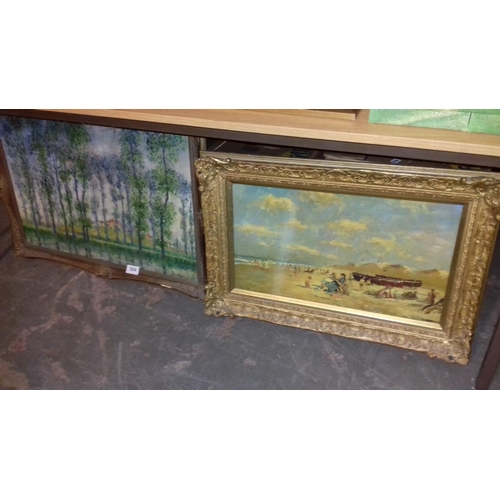 504 - Ornate gilt framed oil painting on canvas wooded area by river signed but indistinguishable 86 x 61 ... 