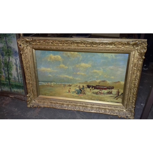 504 - Ornate gilt framed oil painting on canvas wooded area by river signed but indistinguishable 86 x 61 ... 