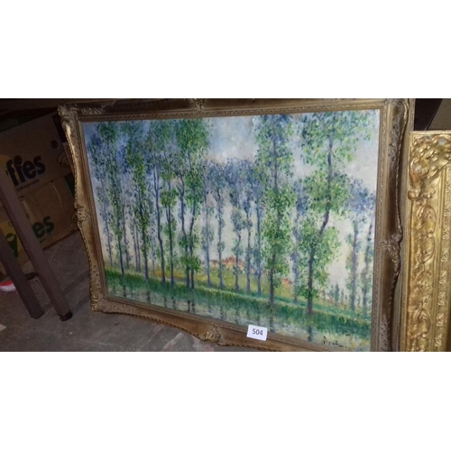 504 - Ornate gilt framed oil painting on canvas wooded area by river signed but indistinguishable 86 x 61 ... 