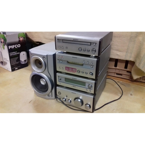 518 - Sony sp55 stacking system including cd player, mini disc player, stereo receiver, amplifier & single... 