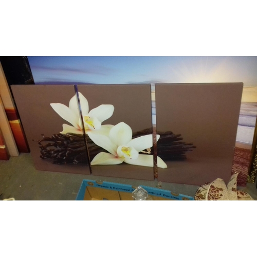 181 - Large brown flowers picture on 3 x seperate 60 x 40 cm canvases