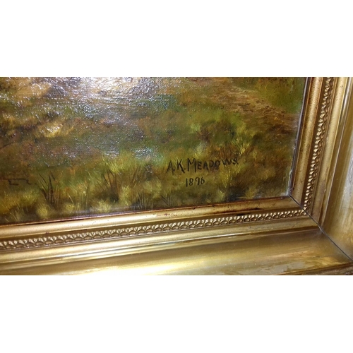 24 - 110 x 79 Victorian gilt framed oil painting landscape scene signed and dated A.K.Meadows 1896 (some ... 