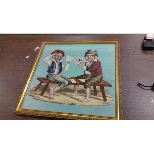 176 - 56 1/2 x 56 1/2 cm gilt framed needlework picture depicting 2 x Victorian children on bench playing ... 