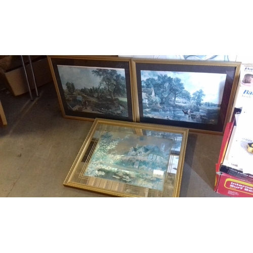 180 - 2 x framed picture prints of CONSTABLE paintings and other framed with mirrored border iridescent co... 