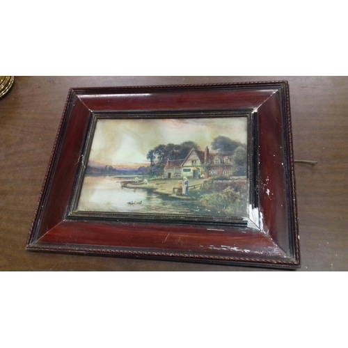 15 - 44 x 34 framed early 1900's oil on board painting riverside cottage scene by D.SHERRIN