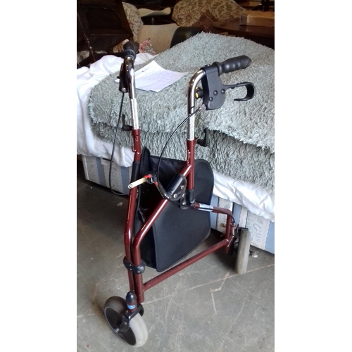 430 - Red as new folding 3 wheel mobility walking aid with basket