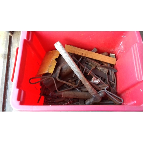 5 - Red tub with assorted vintage tools etc