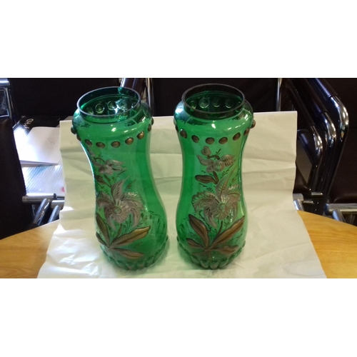 40 - Pair of 30 cm tall green glass vases with hand painted embossed floral detail