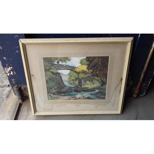 12 - 47 x 40 cm framed watercolour bridge over river scene signed CYRIL GUY. Damp damage to mount, not pa... 