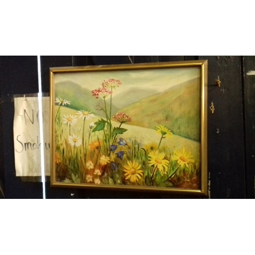 158 - 55 x 44 cm framed oil on board field of flowers scene signed ELIZABETH BROWN