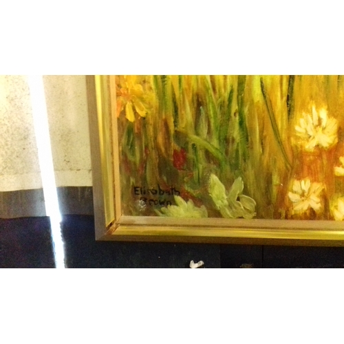 158 - 55 x 44 cm framed oil on board field of flowers scene signed ELIZABETH BROWN