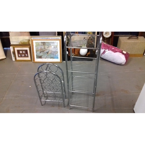 433 - Stainless steel 4 shelf pan stand 106 cm tall & 14 bottle arch shaped wine rack 64 cm tall