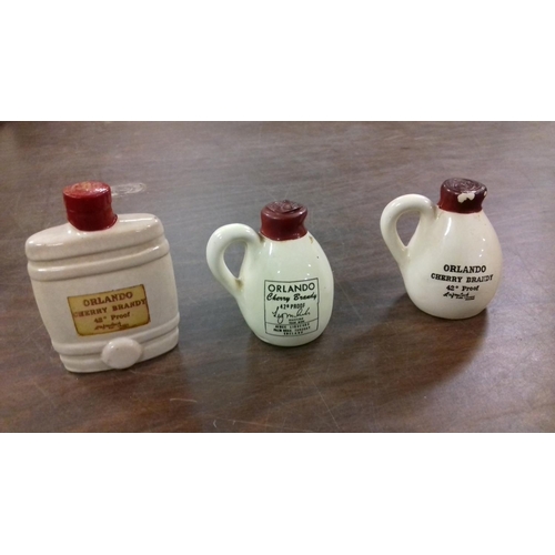 85 - 3 x ceramic miniature orlando cherry brandy bottles with wax seals