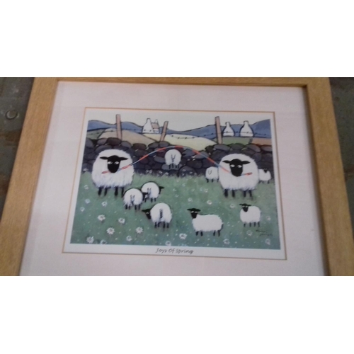 569 - 3 x framed cartoon sheep pictures titled 'hand wash only', 'joys of spring' & form-ewe-la one, large... 