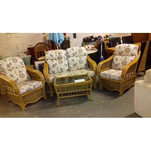 436 - Cane 4 piece (2+1+1+table) conservatory suite