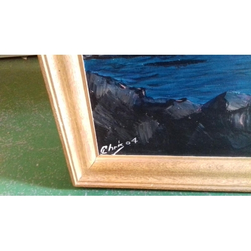 25 - 108 x 82 oak framed, board backed, oil on canvas painting of lundy island signed CHRIS 04