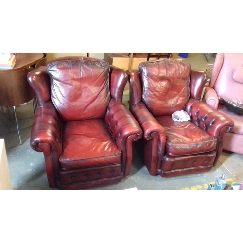 455 - Pair of vintage oxblood red leather chesterfield style armchairs