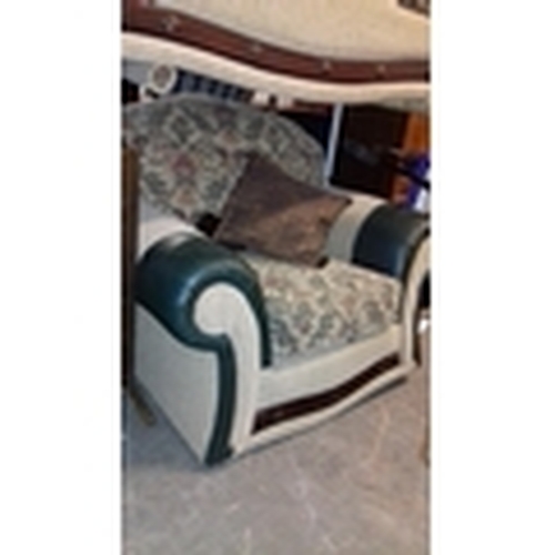 483 - Beige and brown leather trim and arms 2 seater couch and matching armchair