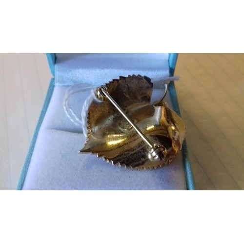 664 - German stamped yellow metal with real pearl leaf shaped brooch