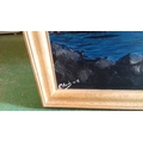 22 - 108 x 82 oak framed, board backed, oil on canvas painting of lundy island signed CHRIS 04