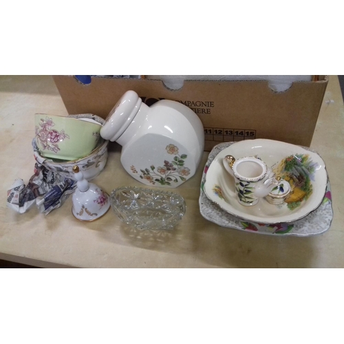 262 - Box of assorted miscellaneous inc' brass kettle stand, nice pottery and glassware etc