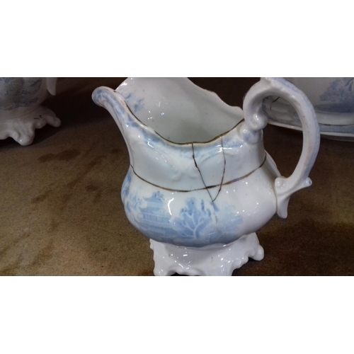 132 - 19th century blue and white (faded) tea service with bowl and plate, 4 items with repaired damage or... 